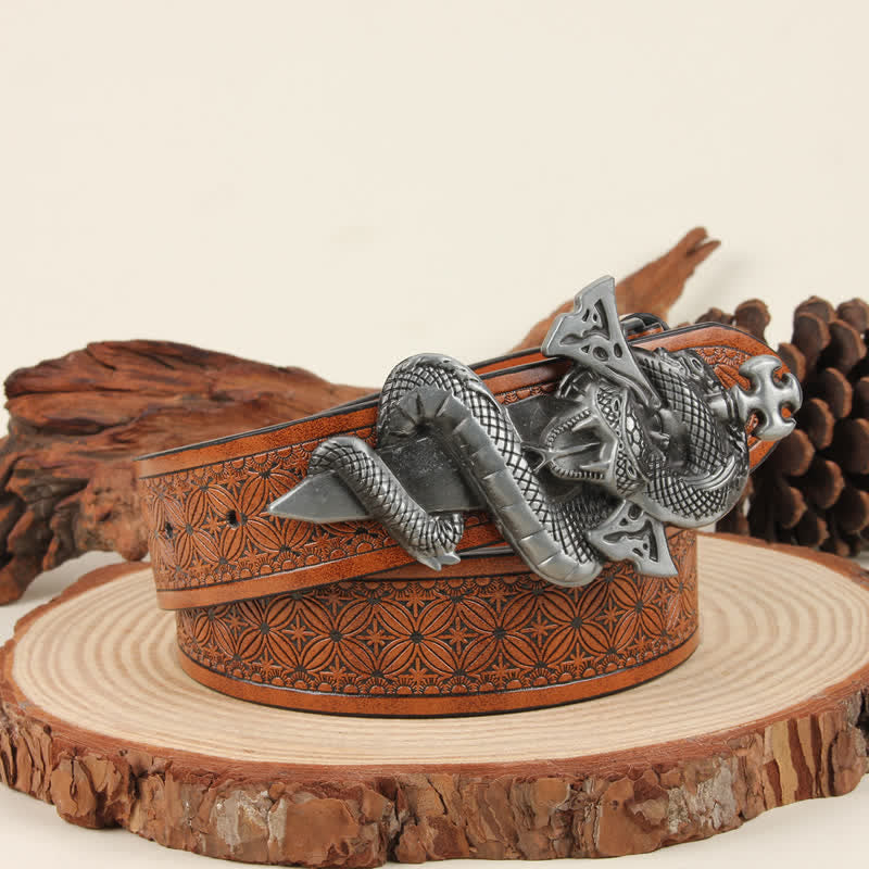 Men's Silver 3D The Dagger & The Cobra Buckle Leather Belt - Image 3