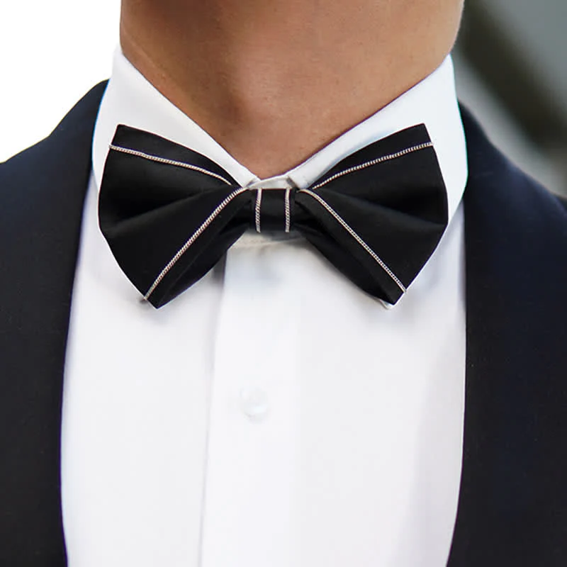 Men's Silver Accents Chain Solid Black Bow Tie - Image 2