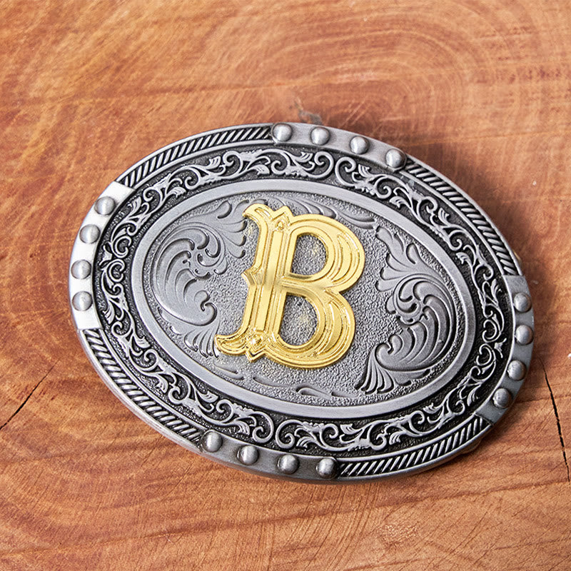 Men's Silver Black Oval Golden Letter Buckle Leather Belt - Image 2