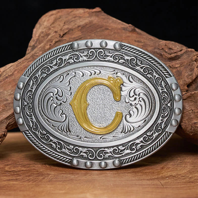 Men's Silver Black Oval Golden Letter Buckle Leather Belt - Image 3