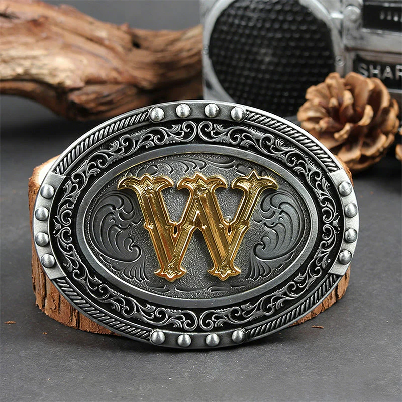Men's Silver Black Oval Golden Letter Buckle Leather Belt - Image 31