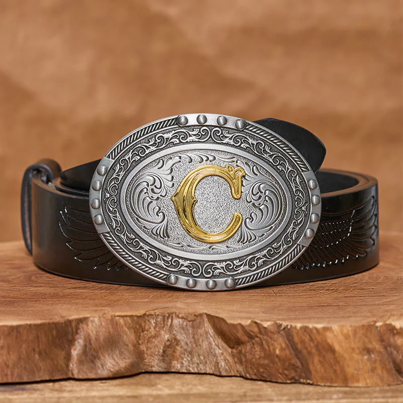 Men's Silver Black Oval Golden Letter Buckle Leather Belt - Image 6