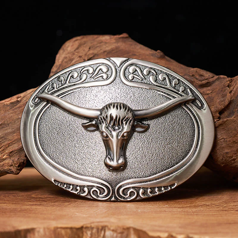 Men's Silver Bull Head Carved Buckle Leather Belt