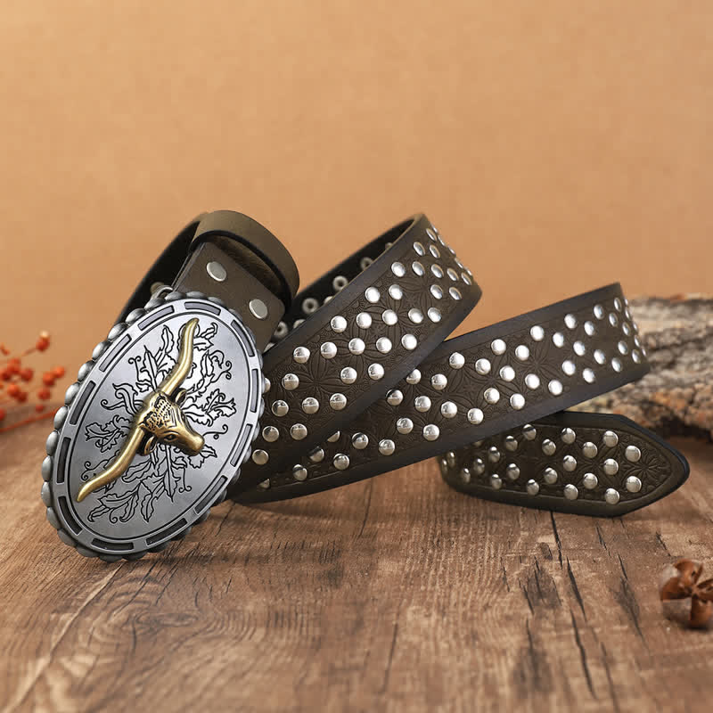 Men's Silver Bull Head Rivets Decors Leather Belt - Image 3
