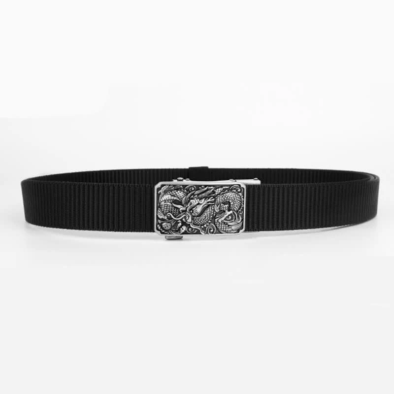 Men's Silver Coiled Dragon Automatic Buckle Nylon Belt - Image 3