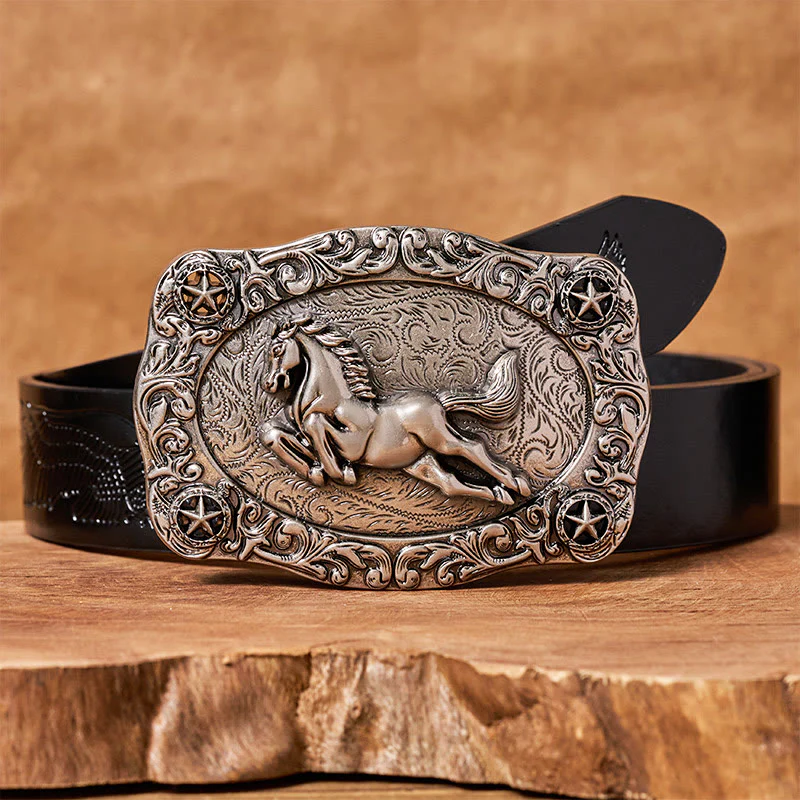Men's Silver Galloping Horse & Stars Buckle Leather Belt - Image 3