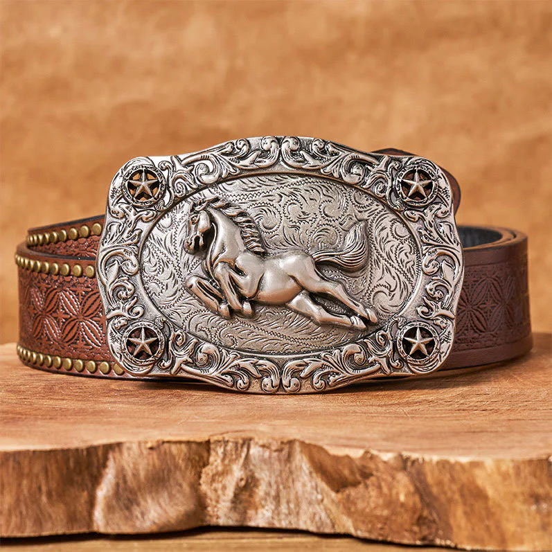 Men's Silver Galloping Horse & Stars Buckle Leather Belt - Image 5