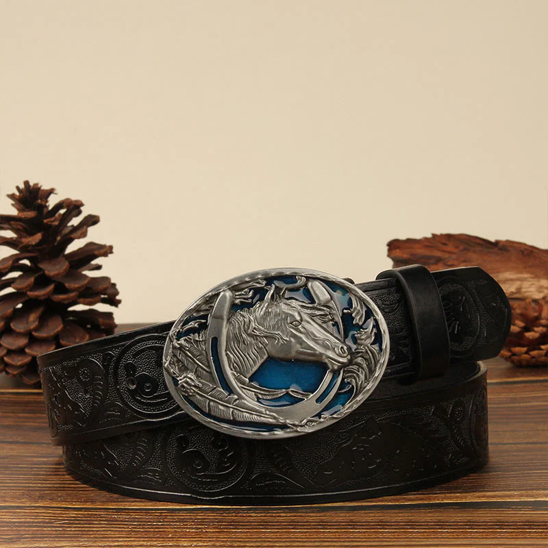 Men's Silver Horsehead & Horseshoe Carving Leather Belt - Image 7