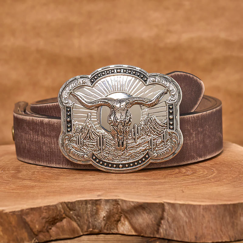 Men's Silver Western Desert Bullhead Relief Buckle Leather Belt - Image 10