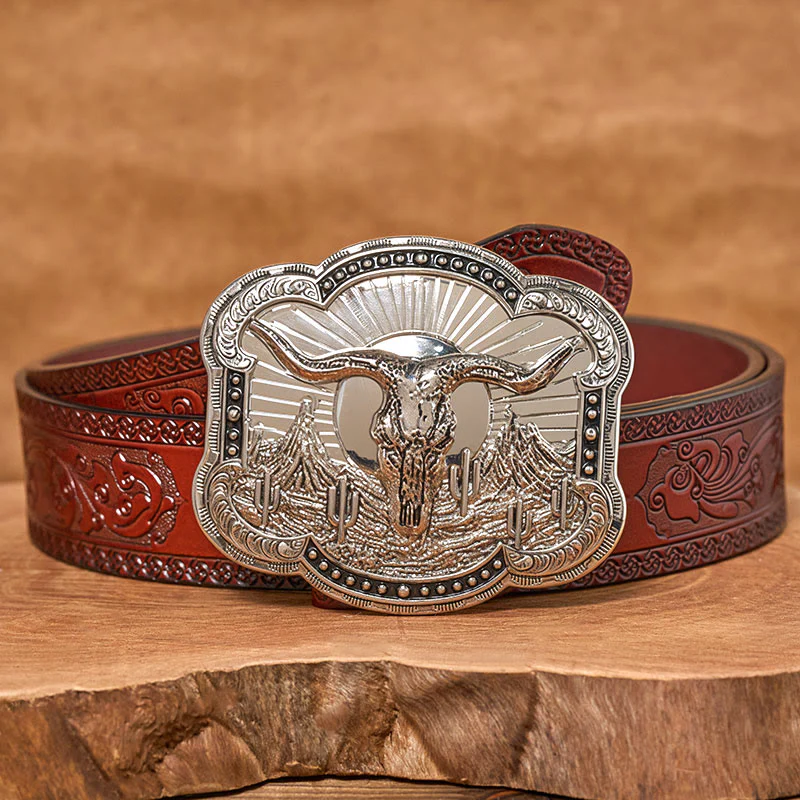Men's Silver Western Desert Bullhead Relief Buckle Leather Belt - Image 12