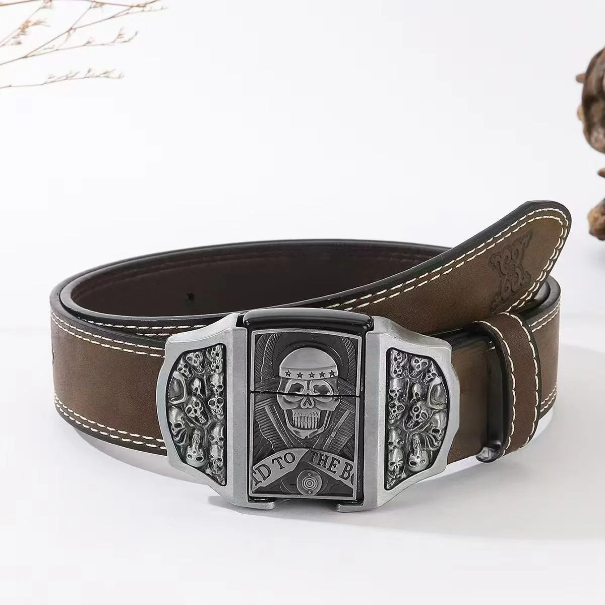 Men's Skull Head Leather Belt With Hidden Lighter