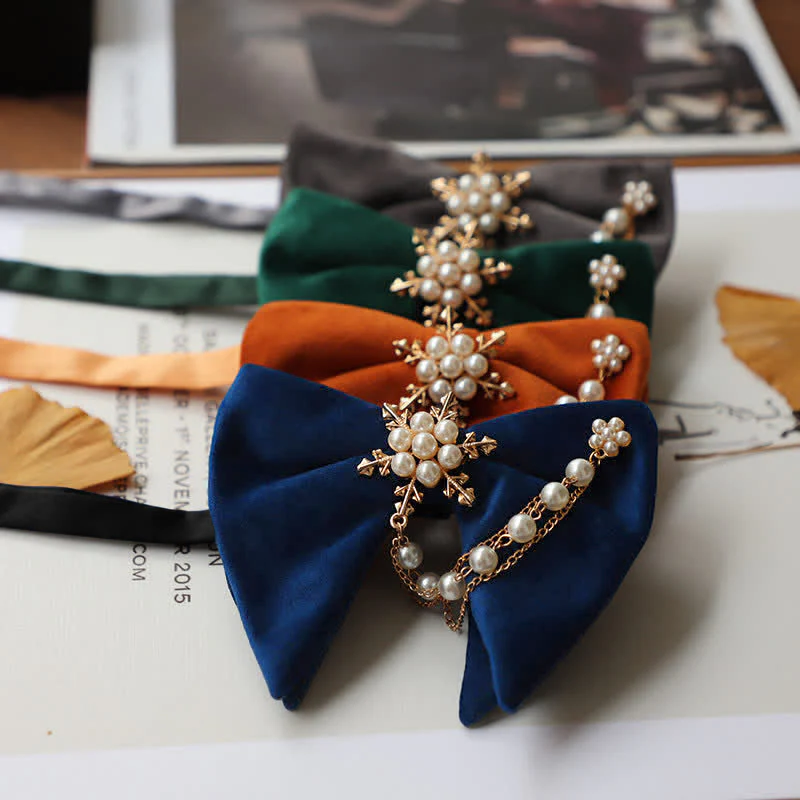 Men's Snowflake Pearl Chain Velvet Bow Tie Pocket Square
