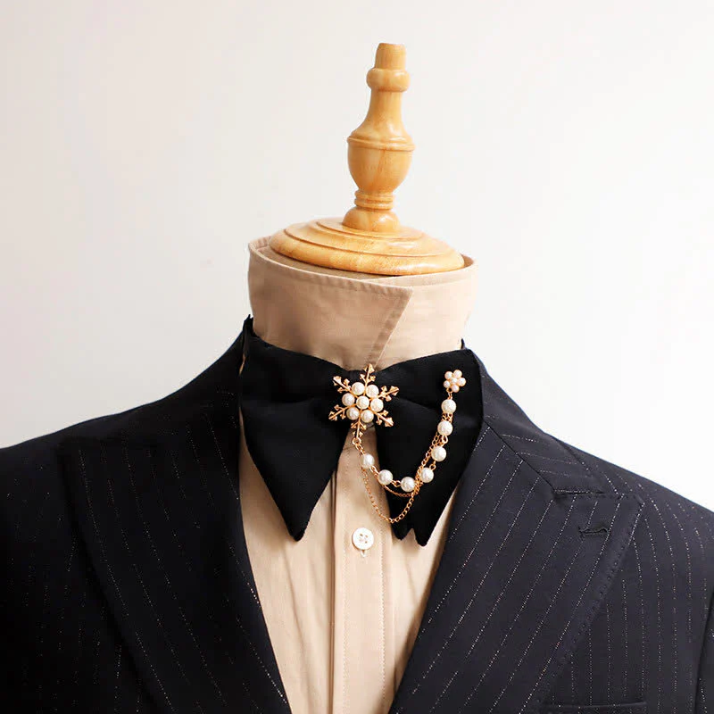 Men's Snowflake Pearl Chain Velvet Bow Tie Pocket Square - Image 6