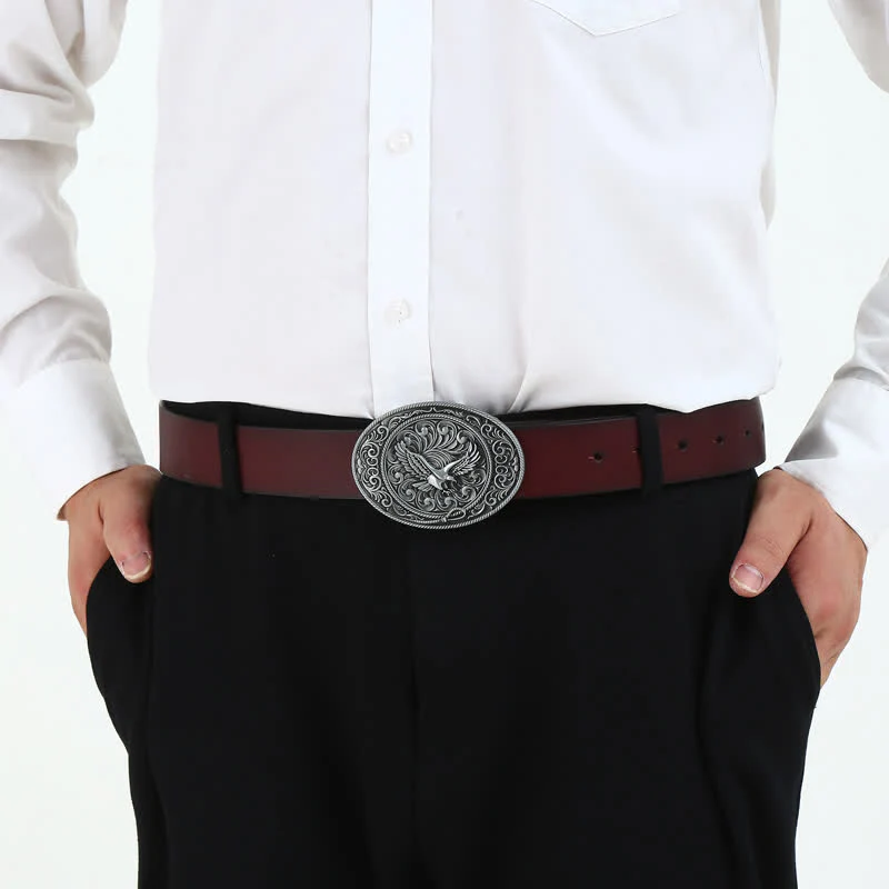 Men's DIY Soaring Eagle Engraved Floral Buckle Leather Belt - Image 3