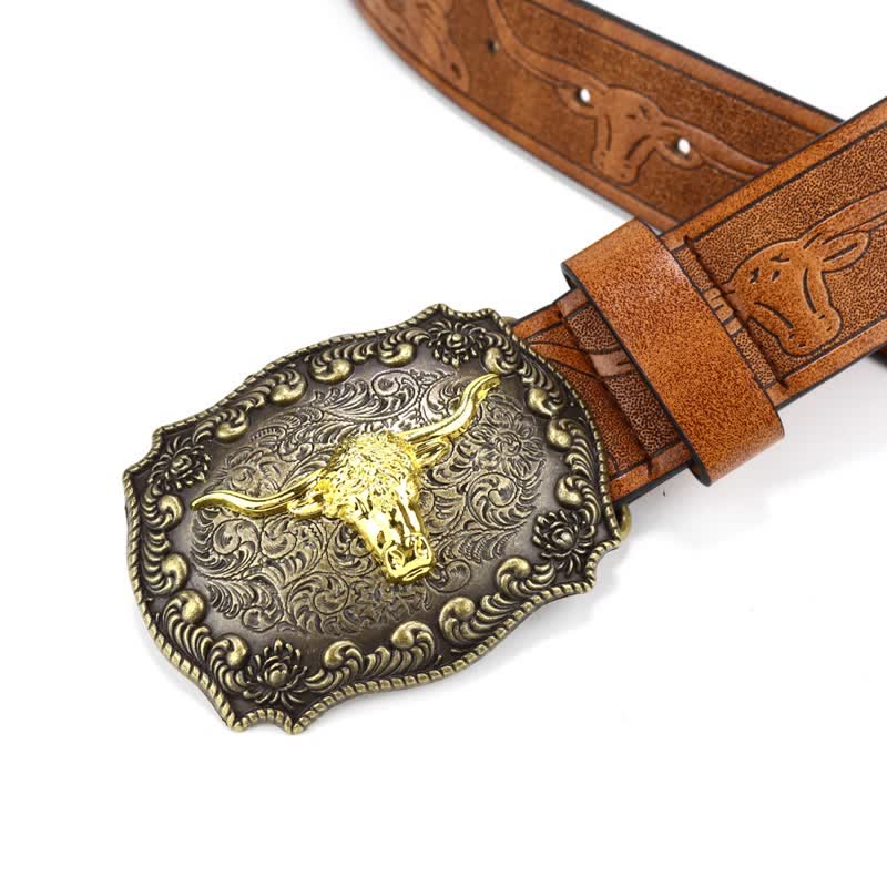 Men's Square Engraved Bull Flower Leather Belt - Image 6
