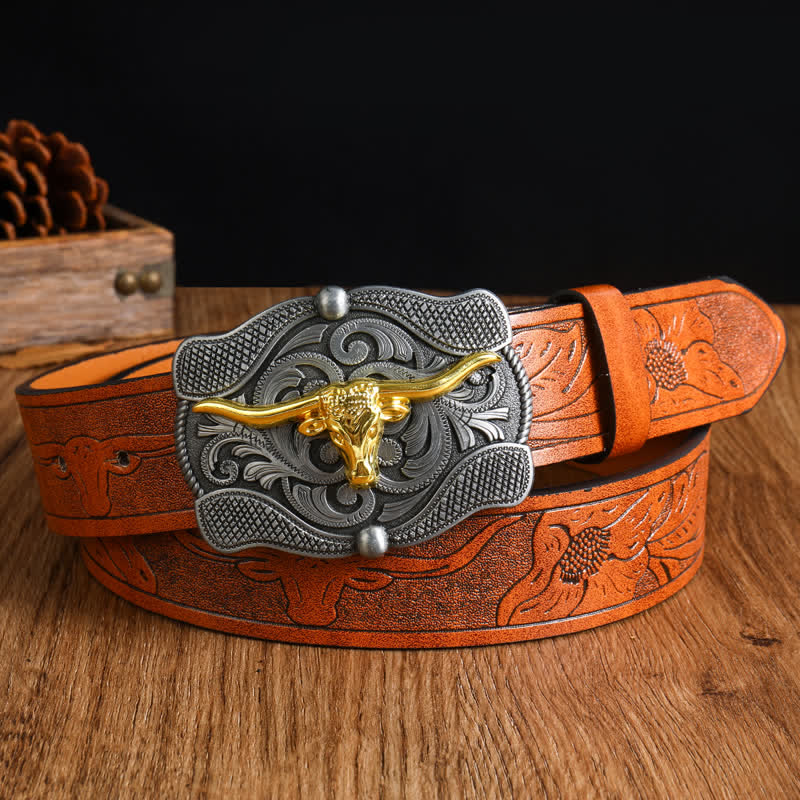 Men's Square Golden Longhorn Bull Leather Belt - Image 10