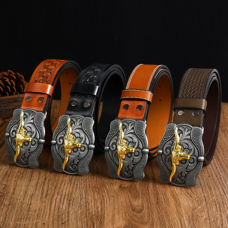 Men's Square Golden Longhorn Bull Leather Belt - Image 2
