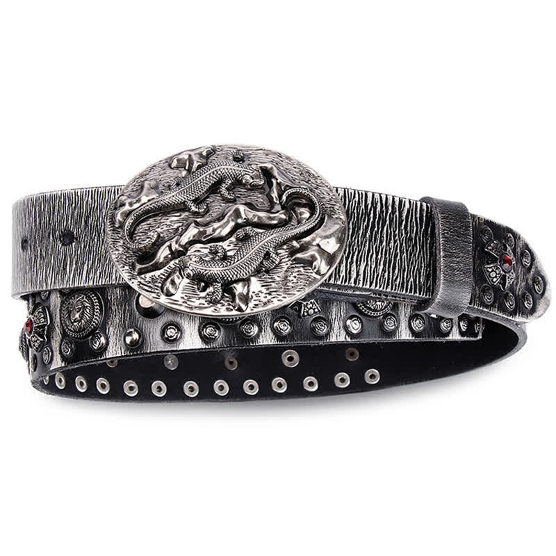 Men's Studded Ruby Lion Ornament Leather Belt - Image 6