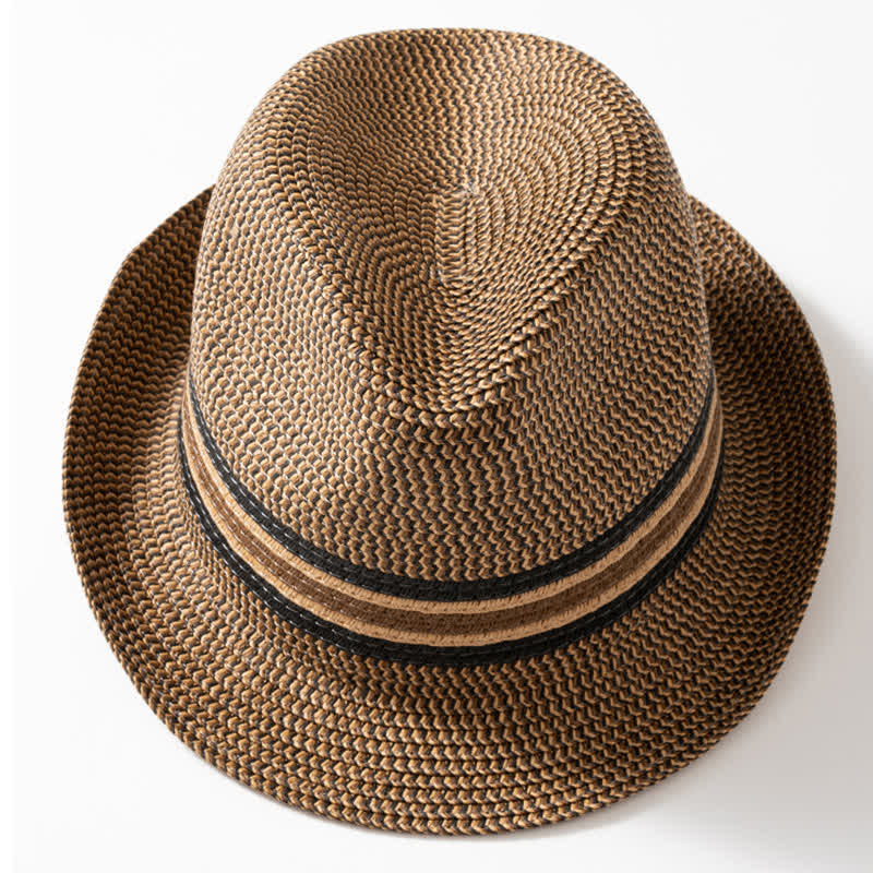 Men's Summer Coffee Brown Straw Fedora Hat - Image 4