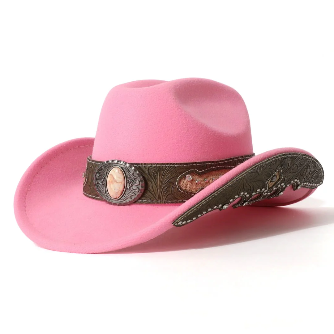 Men's Textured Stone Rivet Patterned Brim Belt Cowboy Hat - Image 2