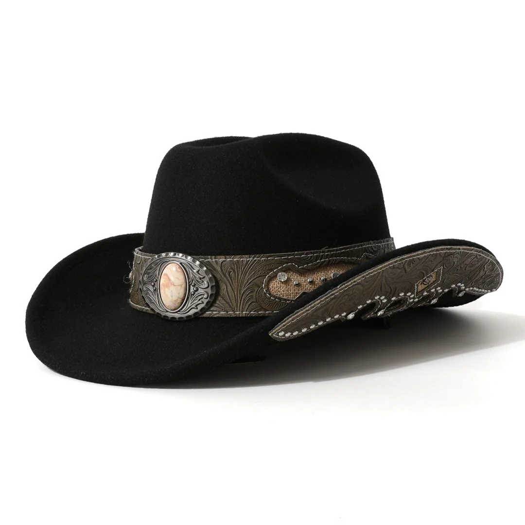 Men's Textured Stone Rivet Patterned Brim Belt Cowboy Hat - Image 8
