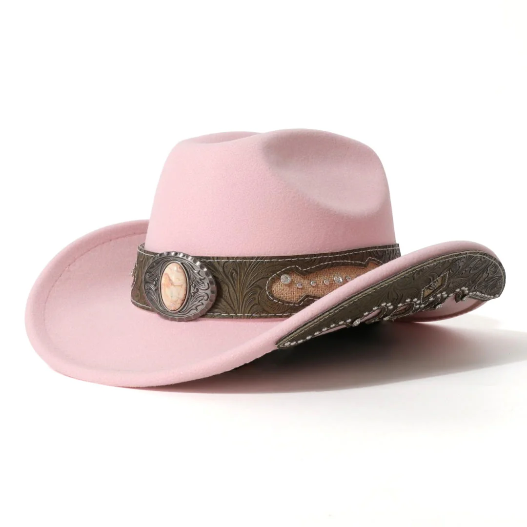 Men's Textured Stone Rivet Patterned Brim Belt Cowboy Hat - Image 9