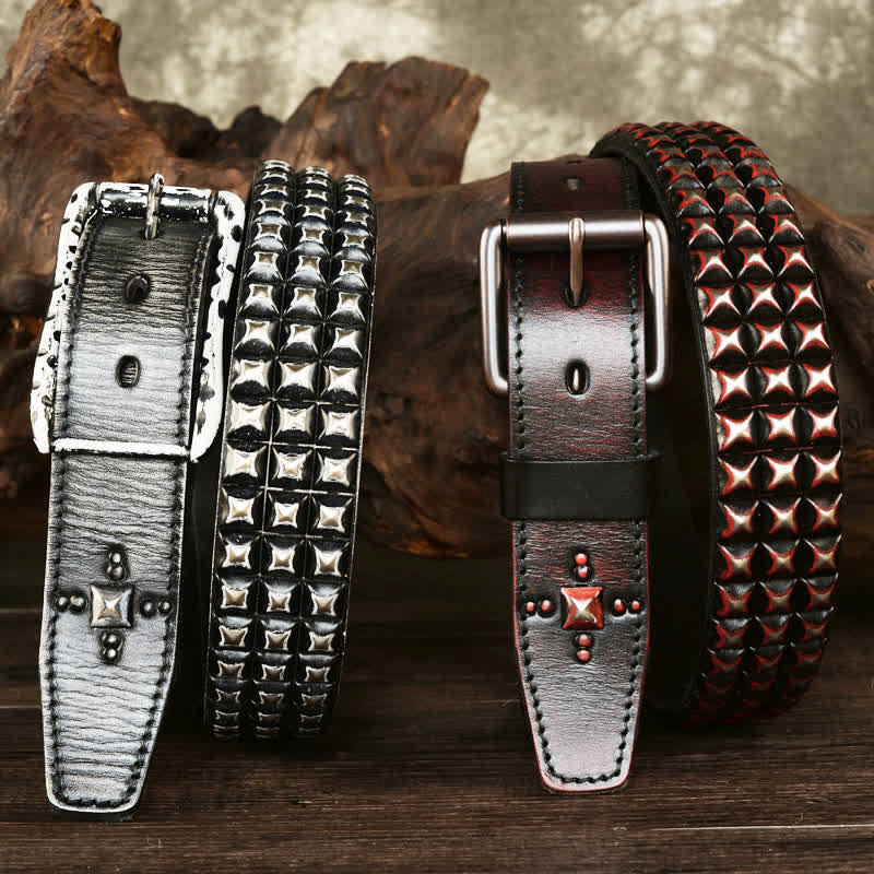 Men's Three Row Classic Pyramid Rivets Leather Belt - Image 2