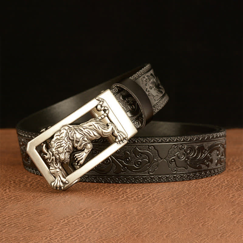Men's Tiger Buckle Floral Embossed Leather Belt - Image 21