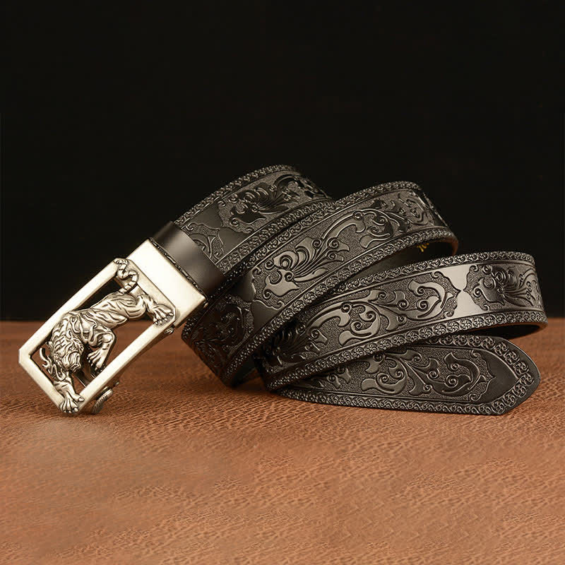 Men's Tiger Buckle Floral Embossed Leather Belt - Image 22