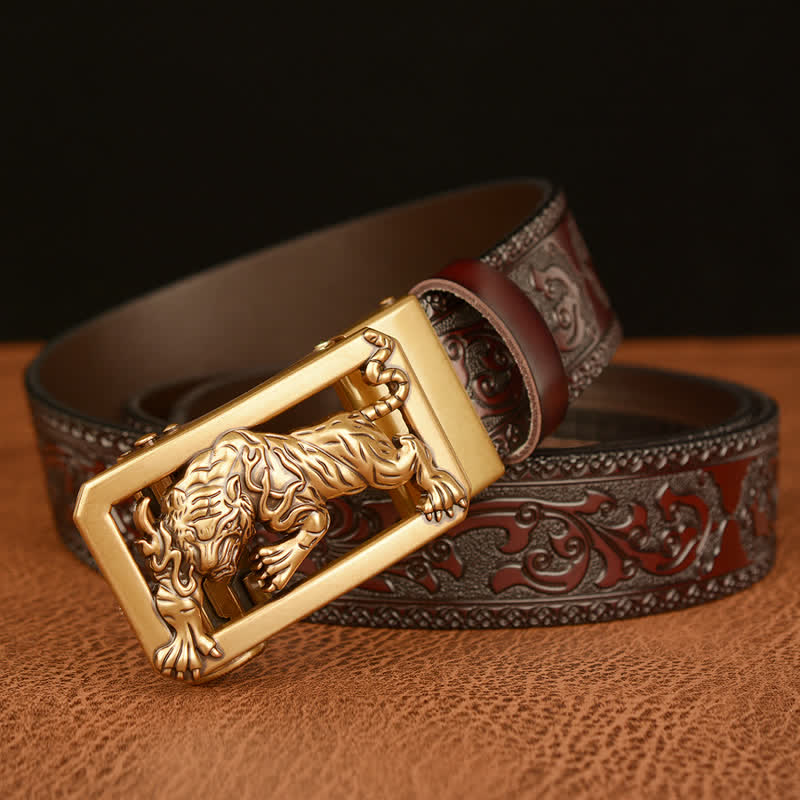 Men's Tiger Buckle Floral Embossed Leather Belt - Image 4
