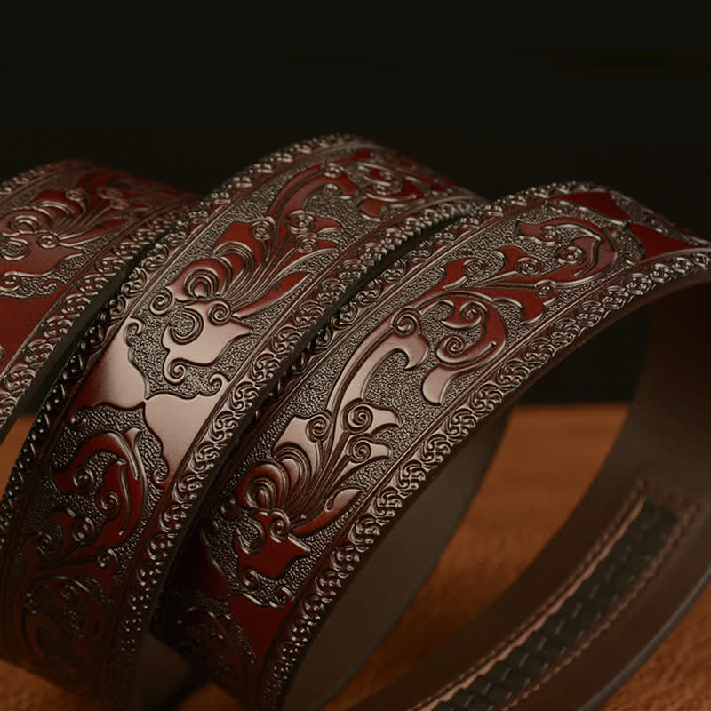 Men's Tiger Buckle Floral Embossed Leather Belt - Image 8