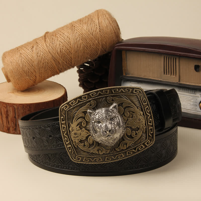 Men's Tiger Head Buckle Carved Floral Buckle Leather Belt - Image 2