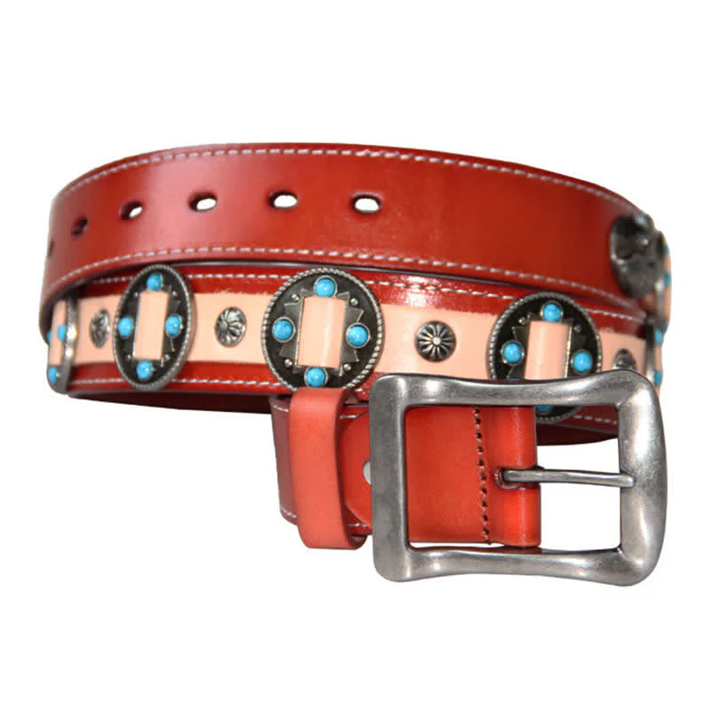 Men's Turquoise Inlay Floral Studded Leather Belt - Image 12