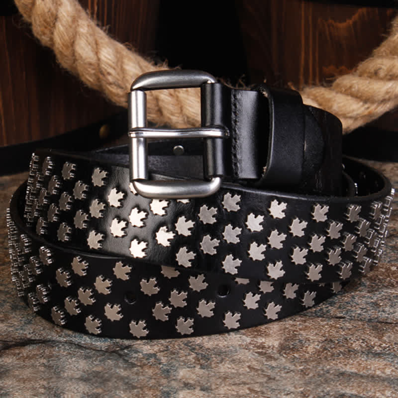 Men's Unique Maple Leaf Shape Rivets Leather Belt - Image 3