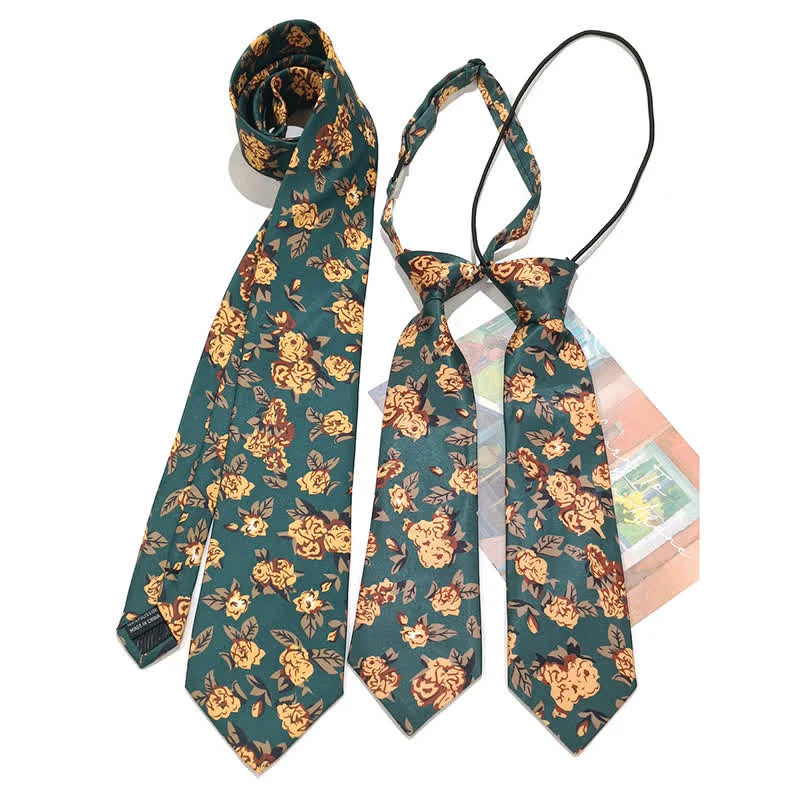 Men's Vintage Dark Green Yellow Flower Print Necktie - Image 2