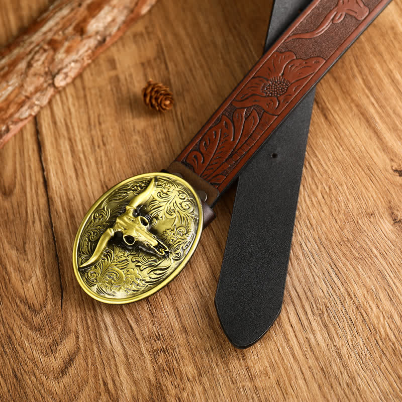 Men's Vintage Floral Longhorn Bull Leather Belt - Image 10