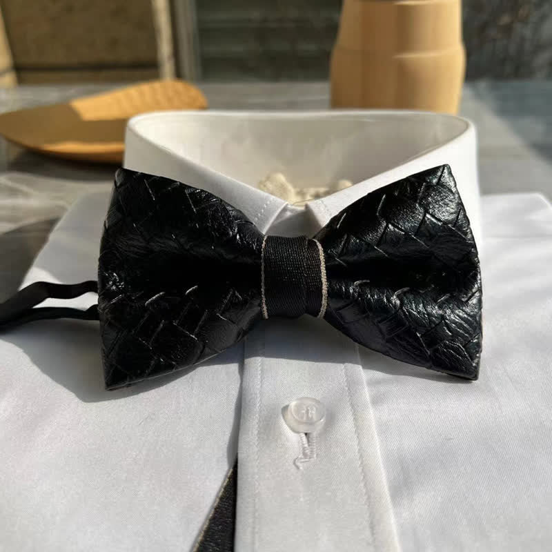 Men's Weave Pattern Design Black Leather Bow Tie - Image 4