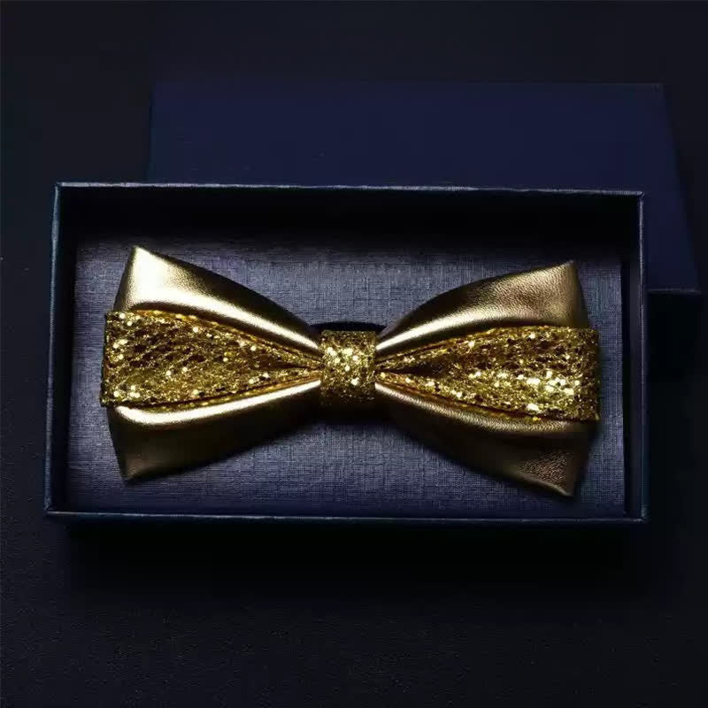 Men's Wedding Party Double Layered Faux Leather Bow Tie - Image 3