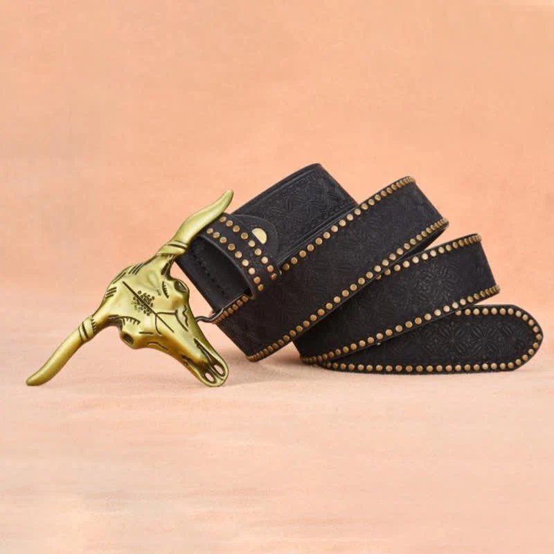 Men's Western Cattle Head Rivet Embossed Leather Belt - Image 9
