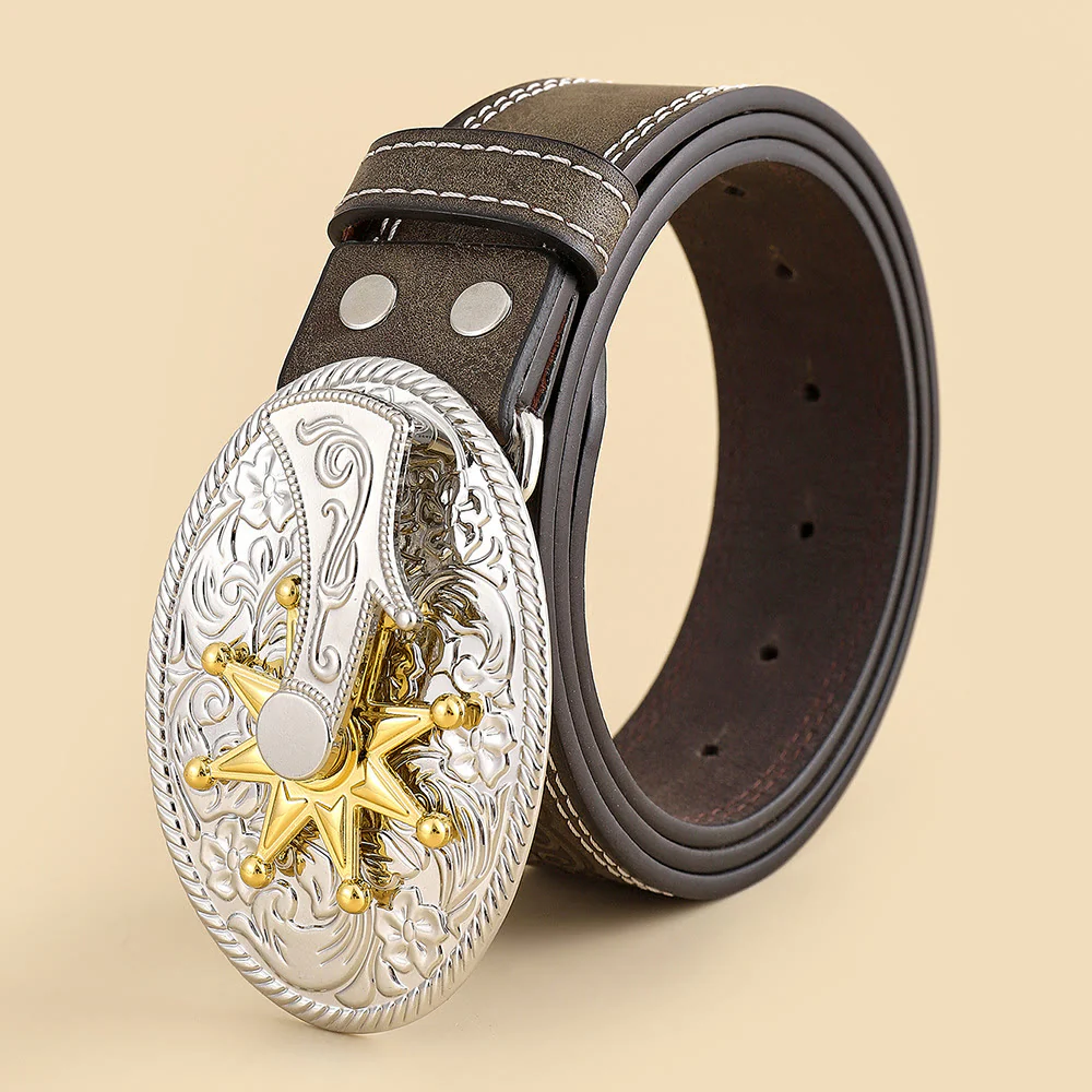 Men's Western Cowboy Silver Carved Buckle Belt - Image 3