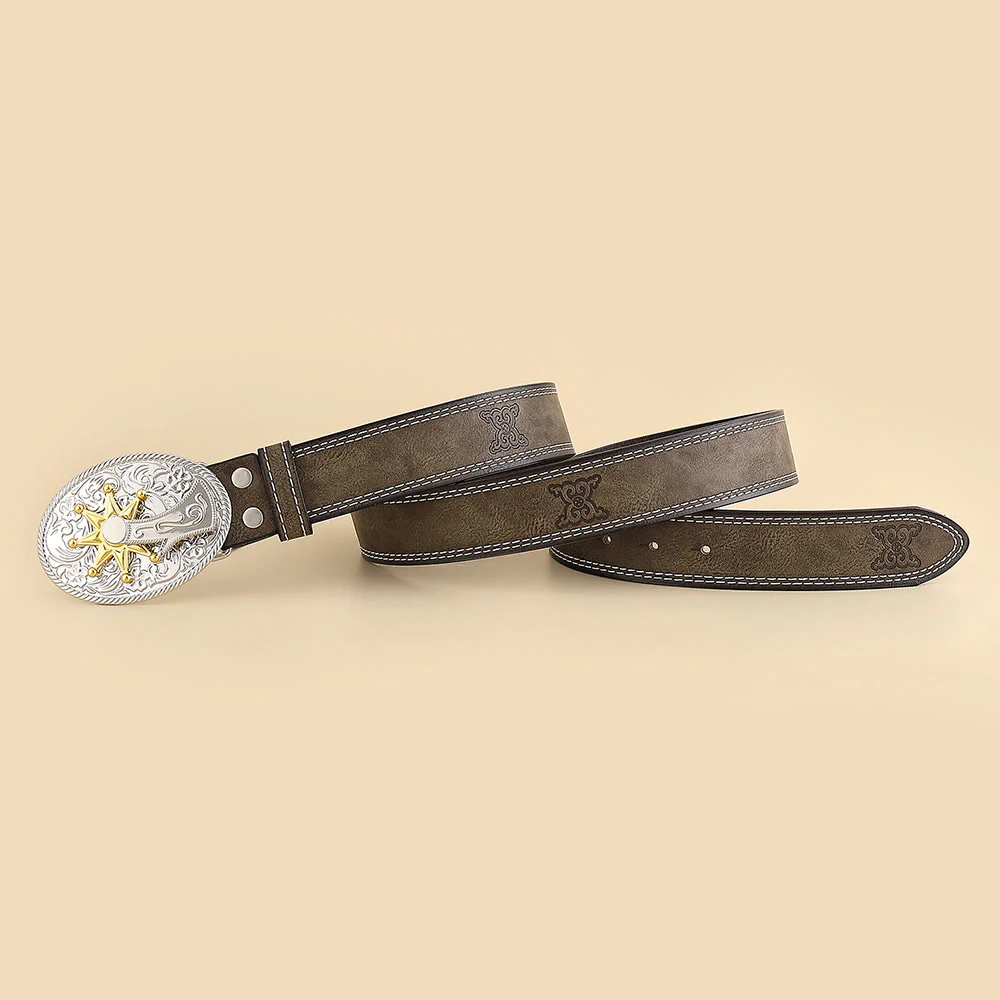 Men's Western Cowboy Silver Carved Buckle Belt - Image 4