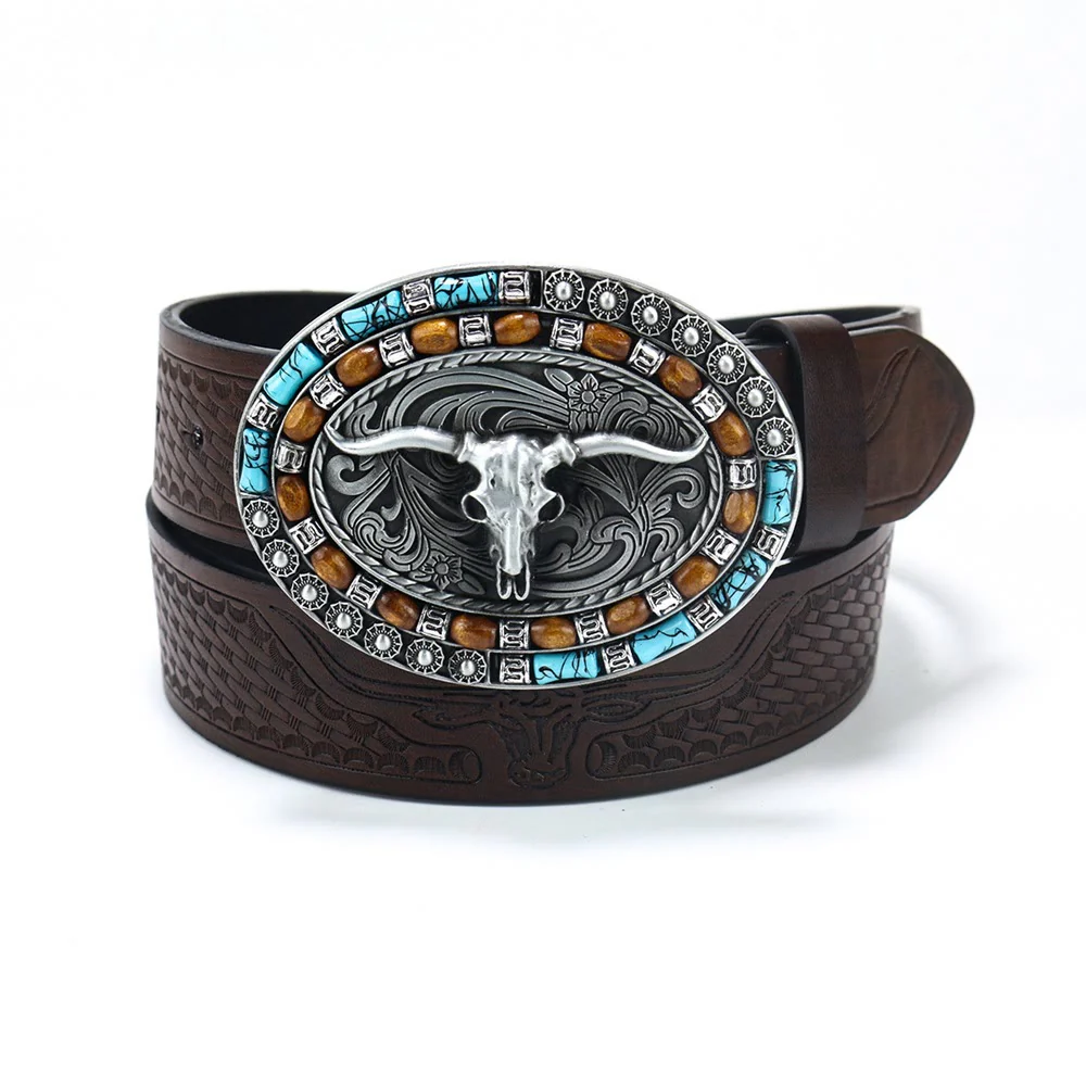 Men's Western Cowboy Turquoise Bull Leather Belt - Image 12