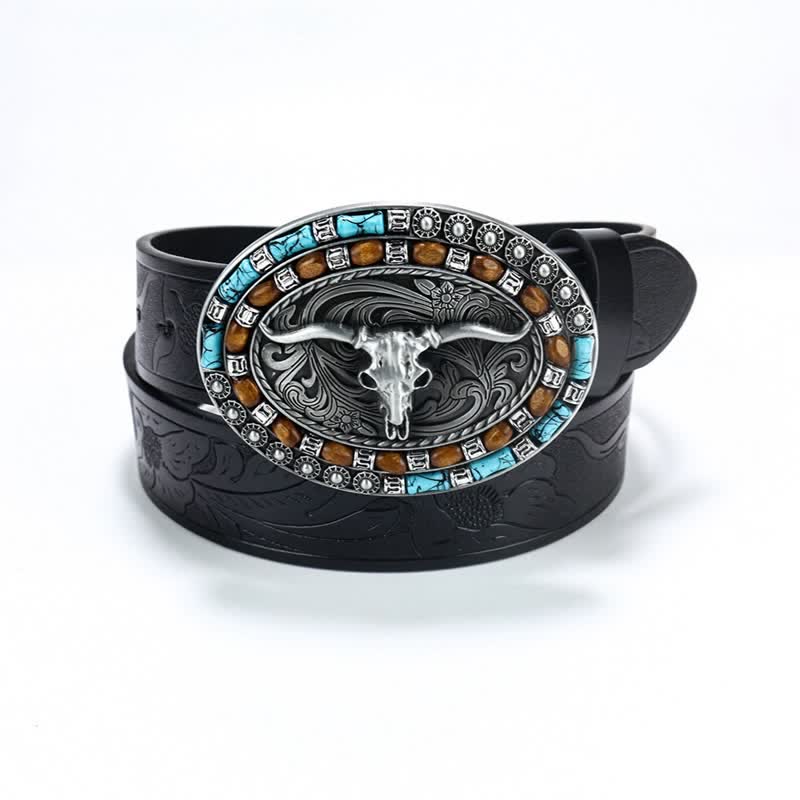 Men's Western Cowboy Turquoise Bull Leather Belt - Image 19