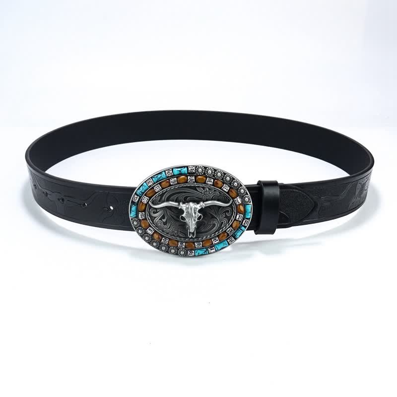Men's Western Cowboy Turquoise Bull Leather Belt - Image 20