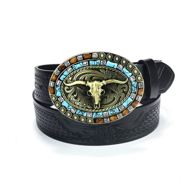 Men's Western Cowboy Turquoise Bull Leather Belt - Image 22