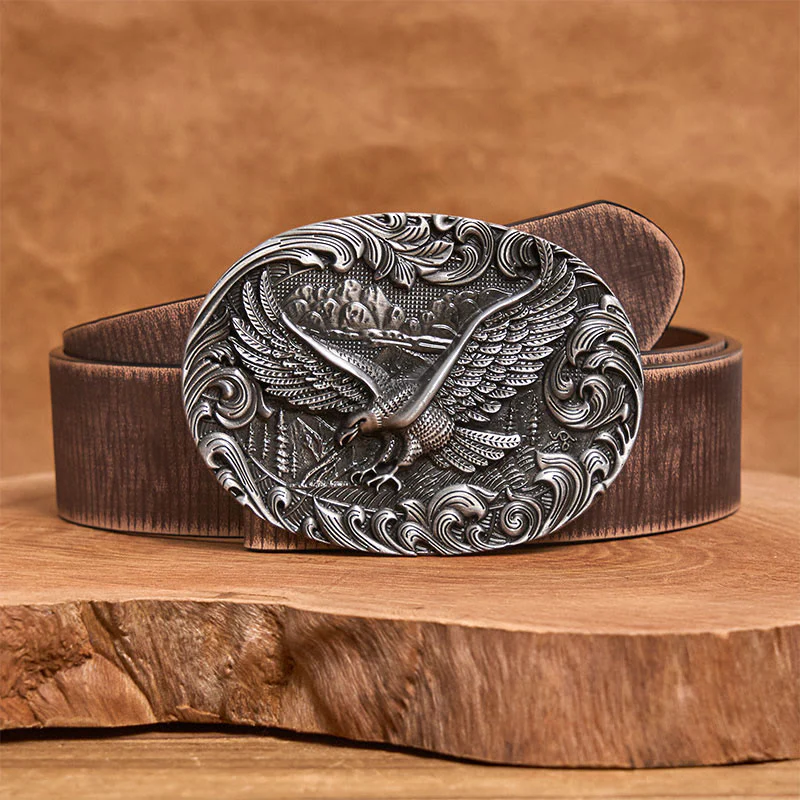 Men's Western Flying Eagle Embossed Buckle Leather Belt - Image 11