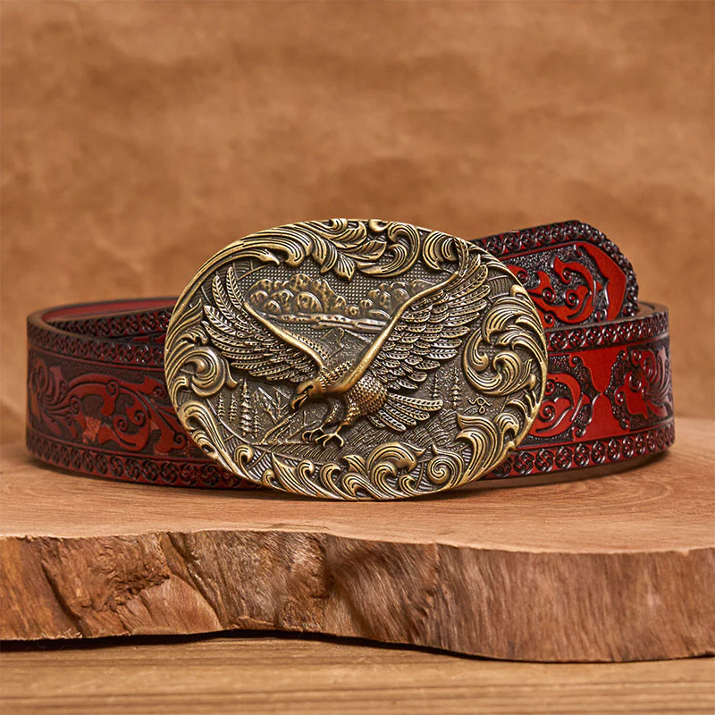 Men's Western Flying Eagle Embossed Buckle Leather Belt - Image 14