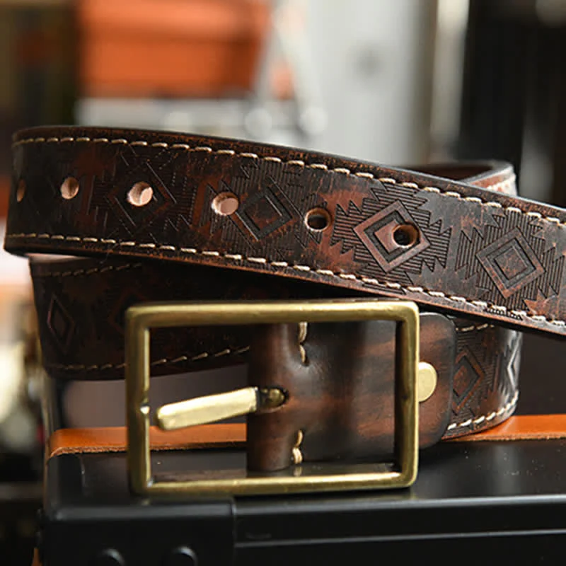 Men's Western Geometric Pattern Leather Belt - Image 10