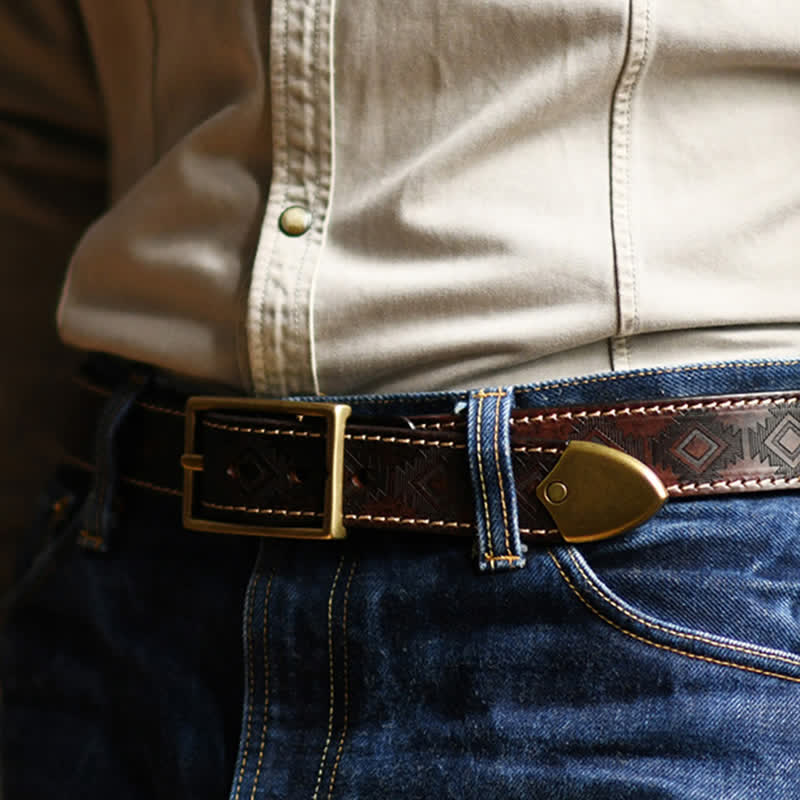 Men's Western Geometric Pattern Leather Belt - Image 4