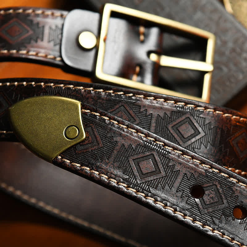 Men's Western Geometric Pattern Leather Belt - Image 6